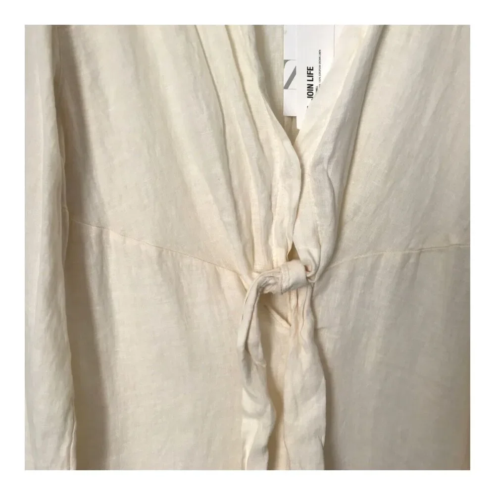 Zara Romper Size XS‎ Tied 100% Linen Oyster White Long Sleeve V-Neck Jumpsuit